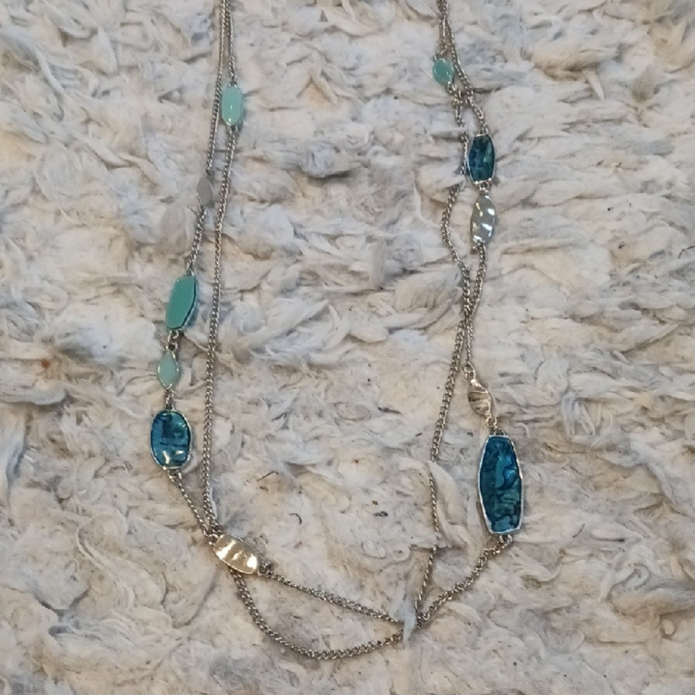 Silver Multi-Stone Long Necklace - Turquoise and Teal